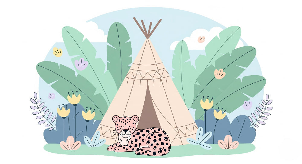 Detailed jungle leopard and tipi mural wallpaper design pattern by Kids-Mundo