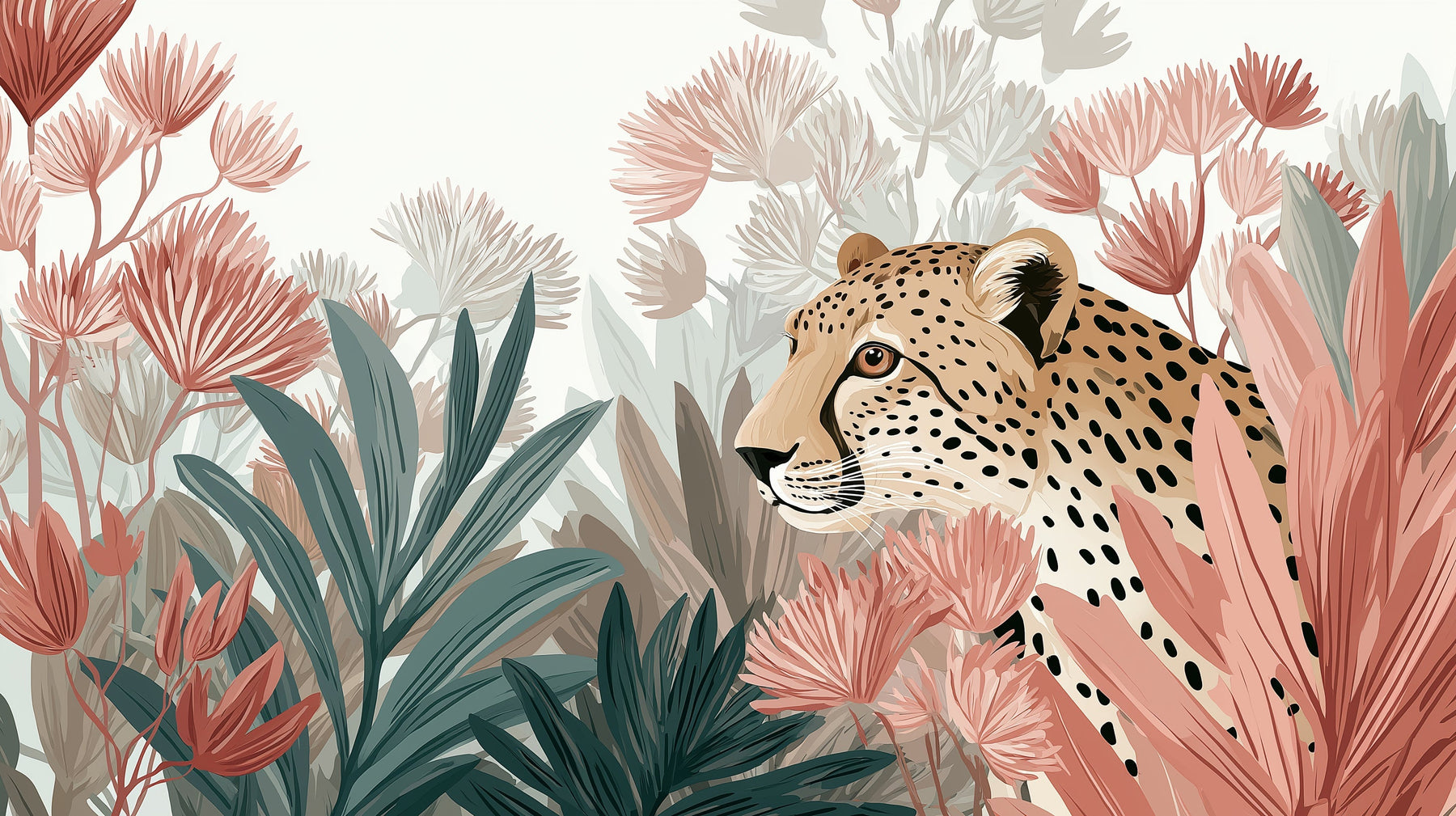 Detailed jungle leopard mural wallpaper design pattern with tropical foliage by Kids-Mundo