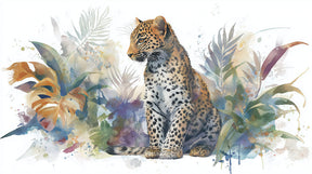 Detailed jungle leopard mural wallpaper design pattern with watercolor tropical foliage by Kids-Mundo