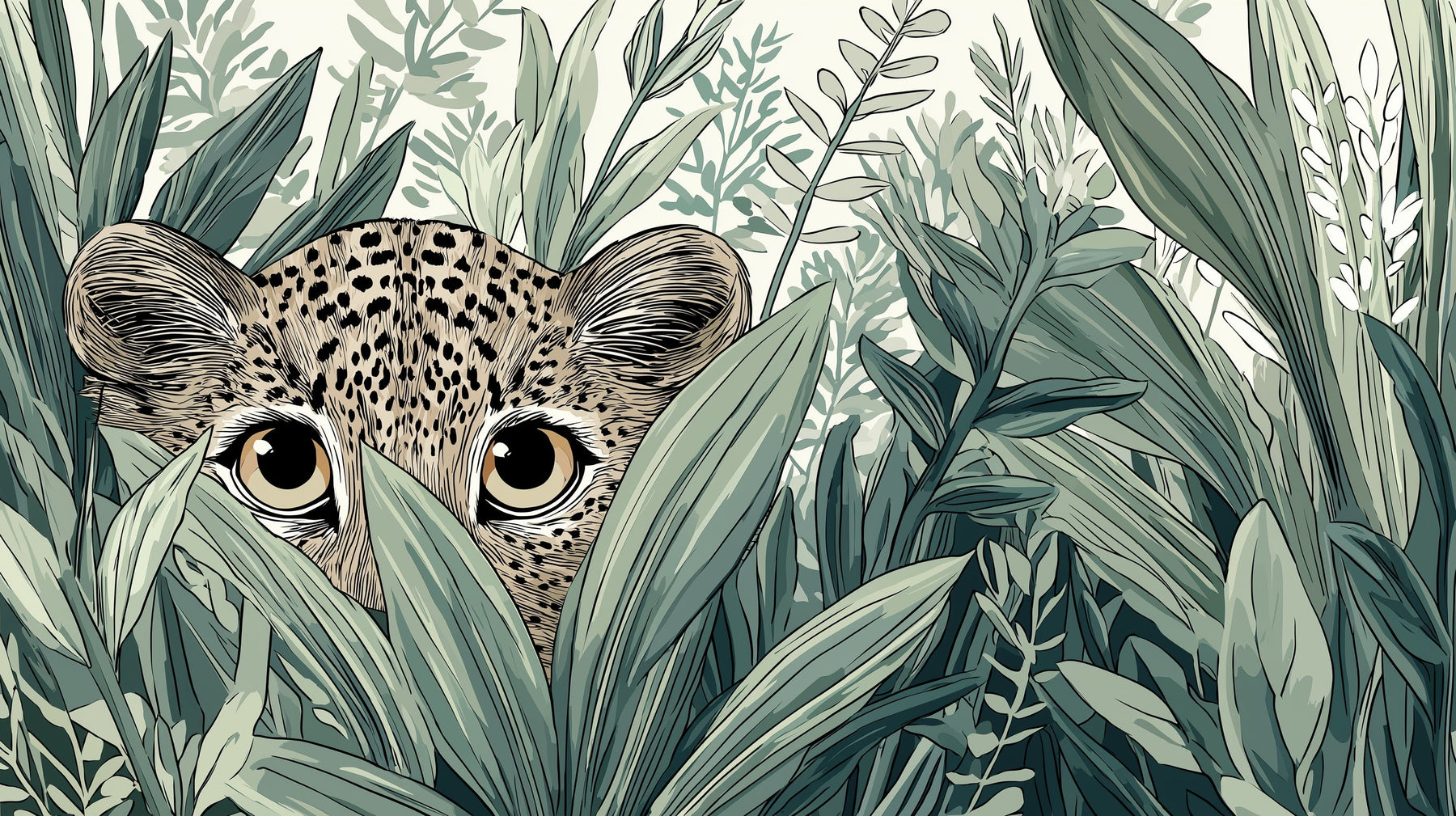 Detailed jungle leopard mural wallpaper design pattern with curious eyes and tropical leaves by Kids-Mundo