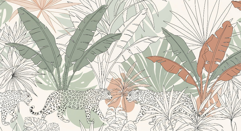 Detailed jungle leopard mural wallpaper design pattern with tropical leaves by Kids-Mundo