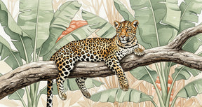Detailed jungle leopard mural wallpaper design pattern showing spotted leopard on branch by Kids-Mundo
