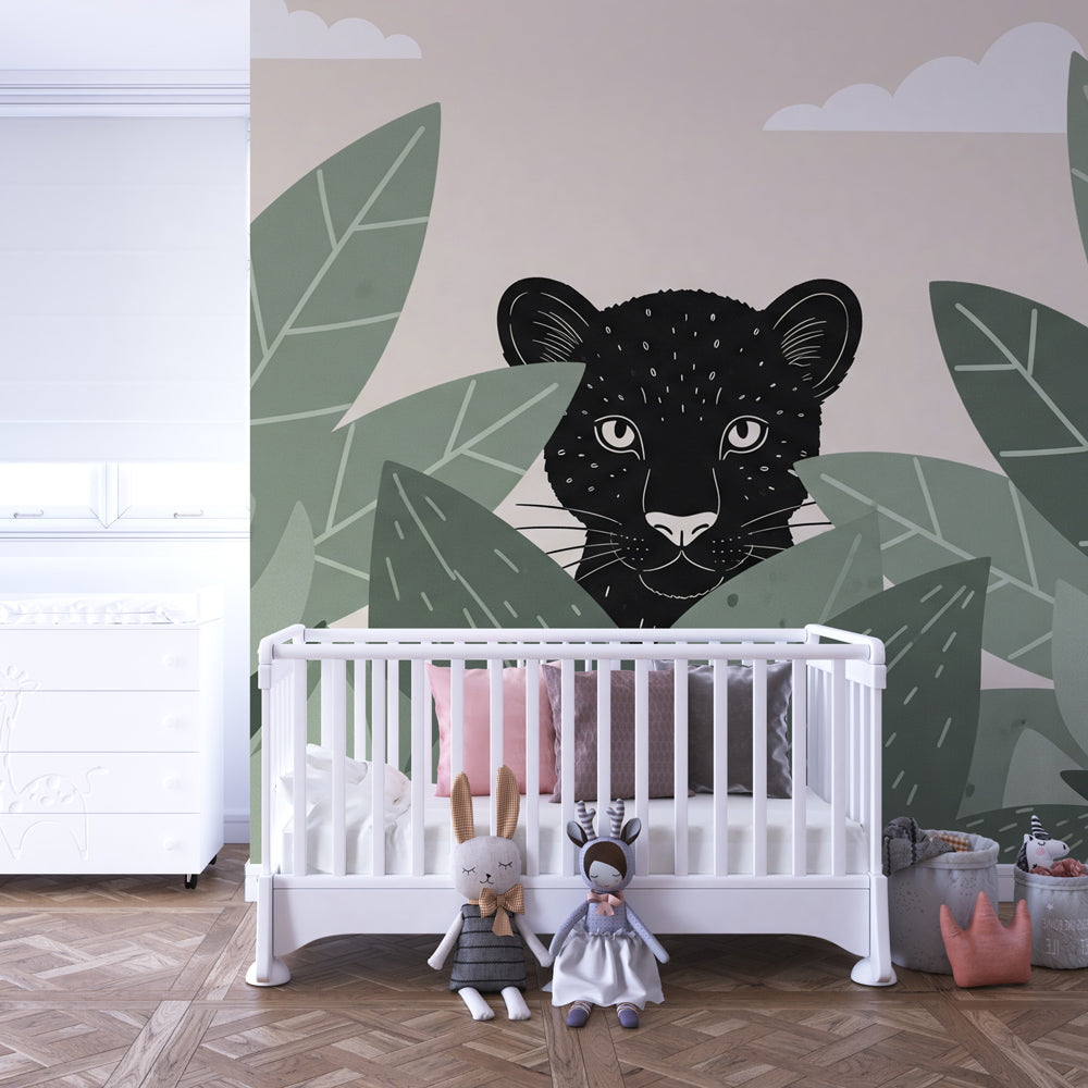 Mysterious leopard wallpaper in children's bedroom with natural wood furniture and safari decor theme