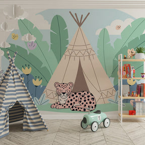 Safari leopard wallpaper creating adventurous atmosphere in children's bedroom decor