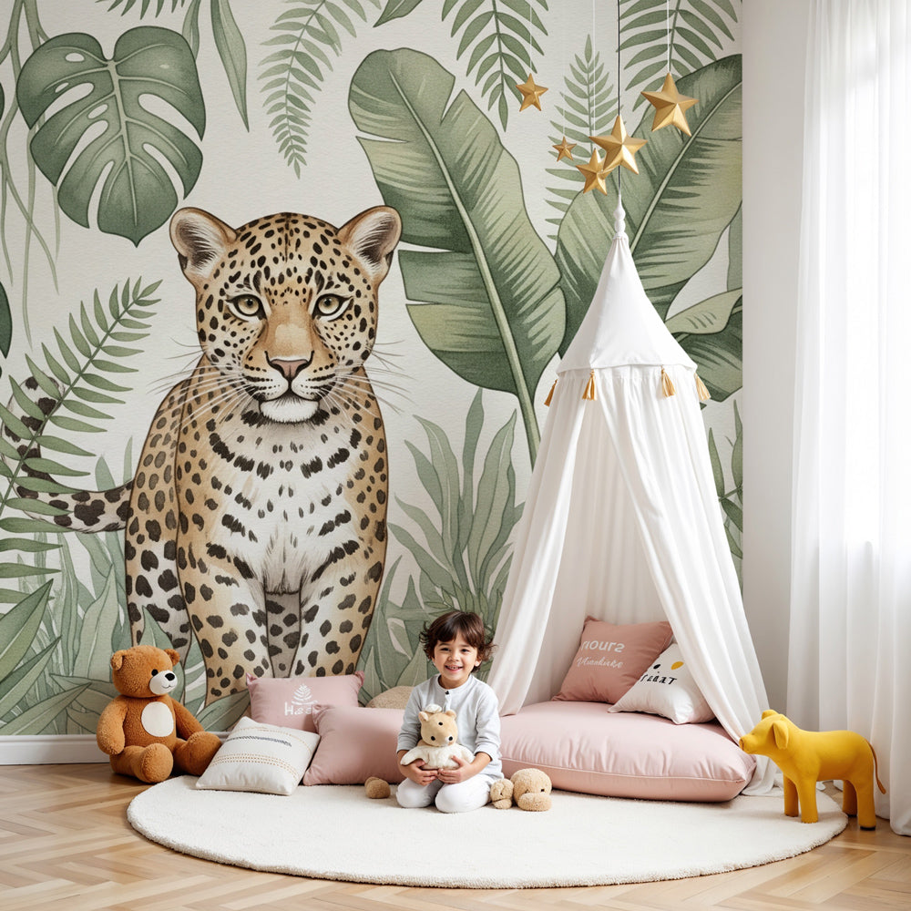 Jungle leopard mural wallpaper creating tropical adventure atmosphere in modern nursery by Kids-Mundo