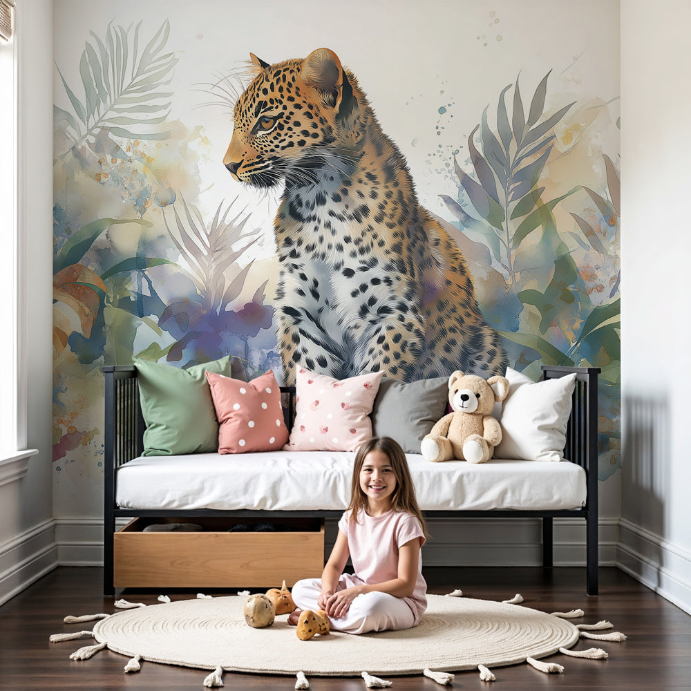 Jungle leopard mural wallpaper creating safari atmosphere in modern children's nursery by Kids-Mundo