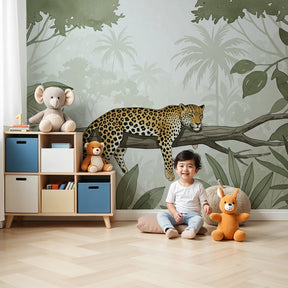 Jungle leopard mural wallpaper creating peaceful safari nursery with natural wood furniture by Kids-Mundo