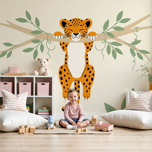 Jungle leopard mural wallpaper in modern nursery with natural wood crib by Kids-Mundo