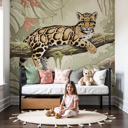 Jungle leopard mural wallpaper in modern nursery with natural wood furniture by Kids-Mundo