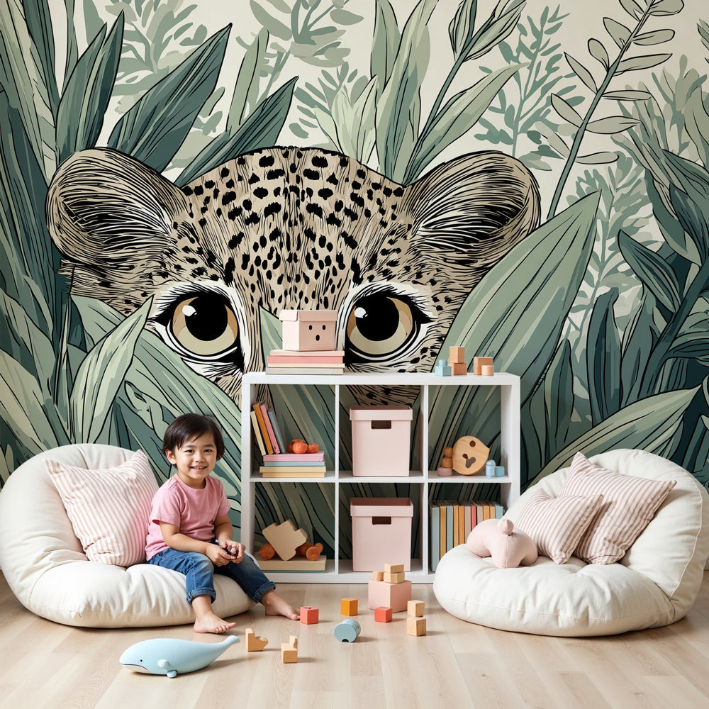 Jungle leopard mural wallpaper in modern nursery with natural wood furniture by Kids-Mundo
