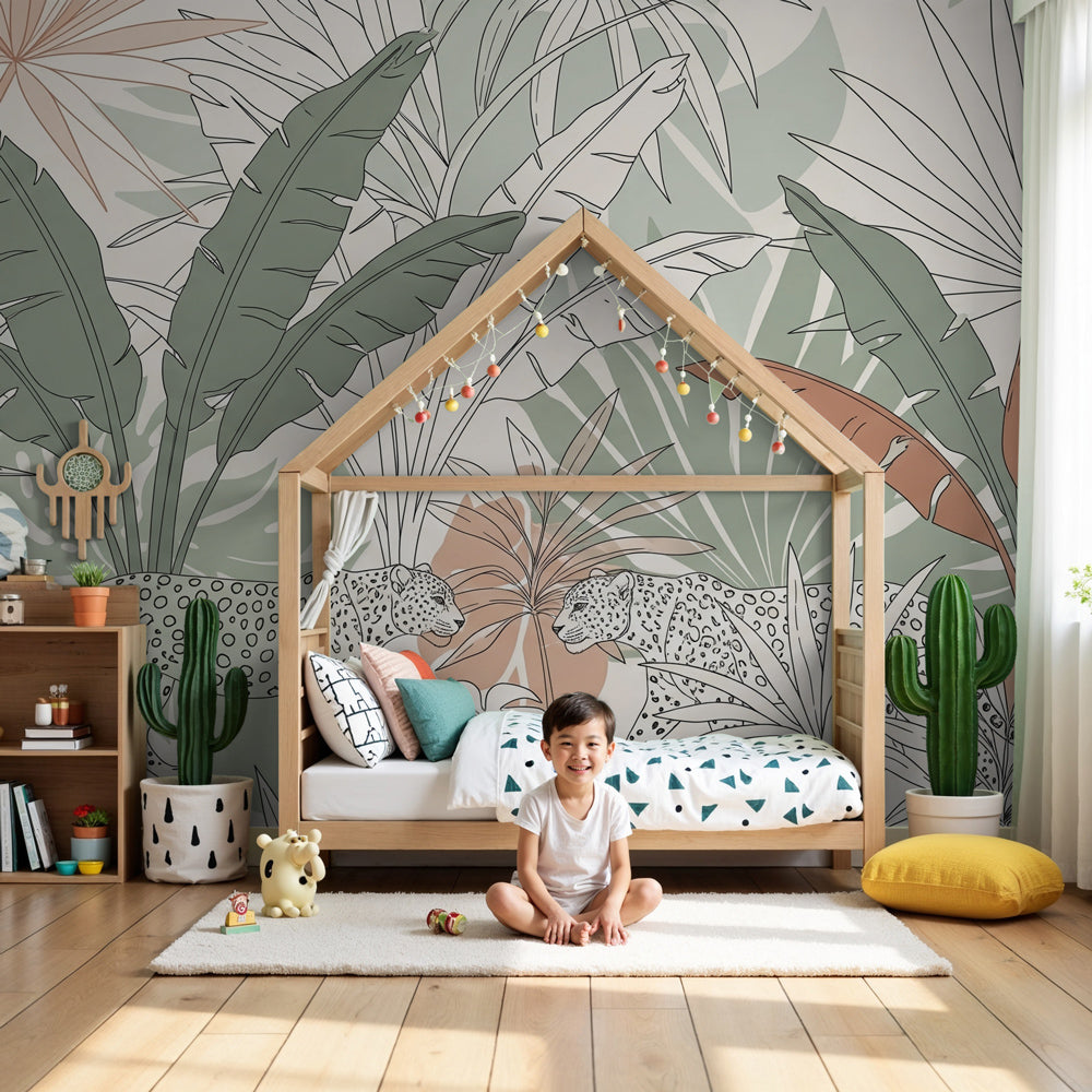 Jungle leopard mural wallpaper creating tropical adventure atmosphere in modern kids nursery by Kids-Mundo