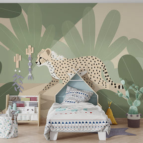 Exotic jungle leopard mural wallpaper transforming kids' playroom into wildlife sanctuary