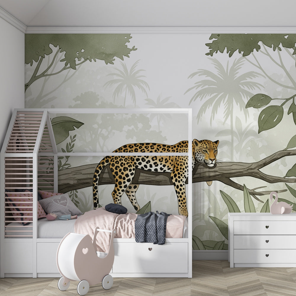 Peaceful leopard mural wallpaper for children's playroom creating calming jungle adventure theme