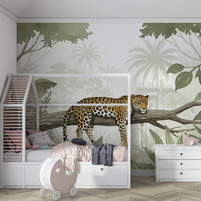 Peaceful leopard mural wallpaper for children's playroom creating calming jungle adventure theme
