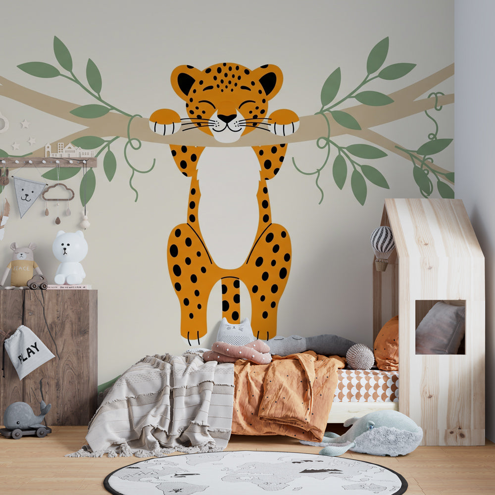 Animal mural wallpaper featuring smiling leopard in tropical jungle playroom setting