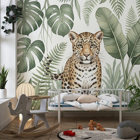 Kids jungle wallpaper with spotted leopard creating immersive rainforest playroom environment