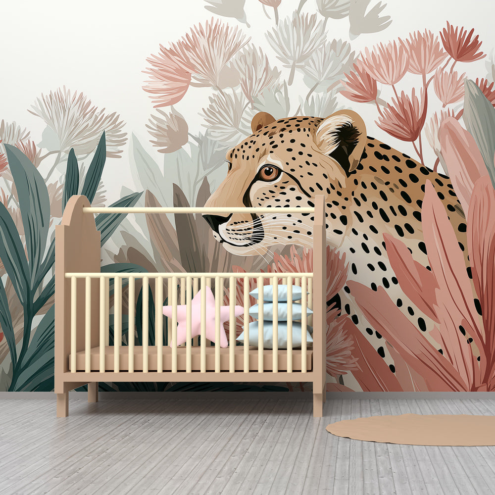 Wildlife mural wallpaper transforming children's playroom into jungle adventure space