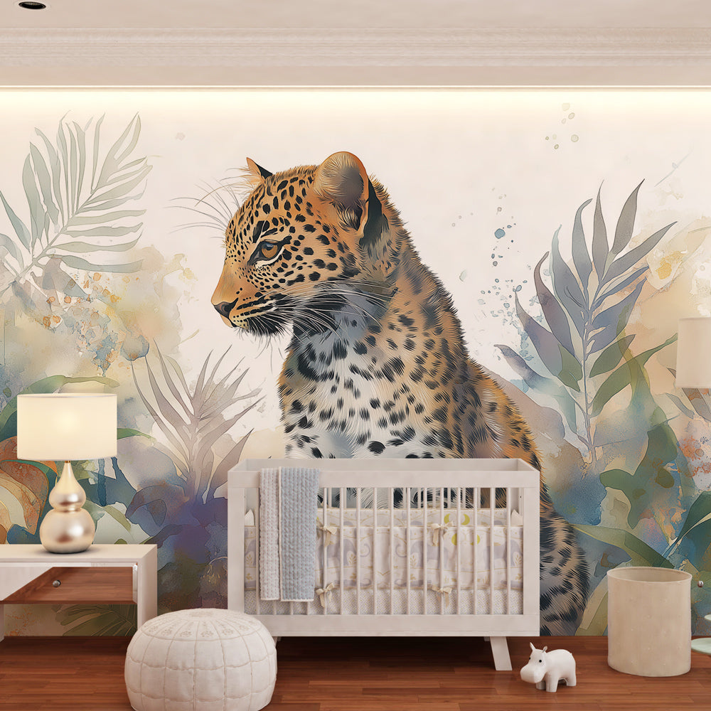 Wildlife mural wallpaper featuring spotted leopard creating educational playroom decor