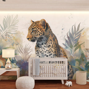 Wildlife mural wallpaper featuring spotted leopard creating educational playroom decor