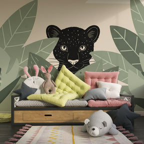 Safari leopard mural wallpaper transforming kids playroom into tropical jungle adventure space