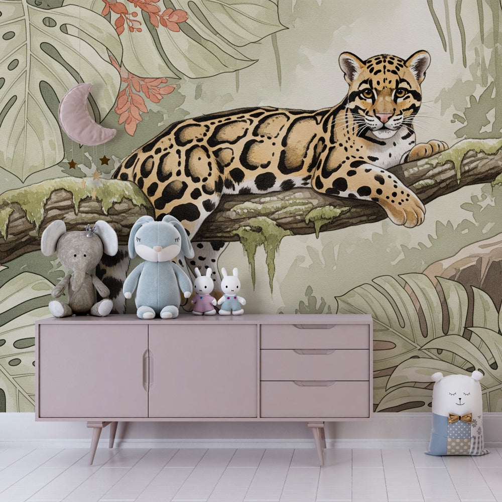 Tropical leopard mural wallpaper transforming children's playroom into jungle sanctuary
