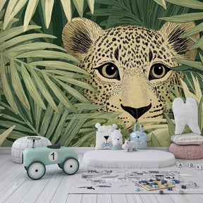 Safari leopard mural wallpaper for children's playroom with natural jungle atmosphere