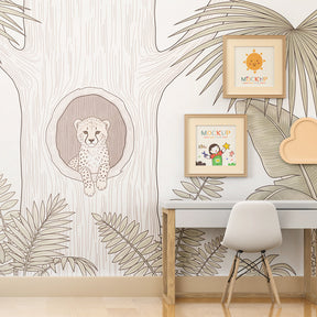 Tropical jungle leopard wallpaper creating adventurous playroom decor with peaceful baby leopard theme