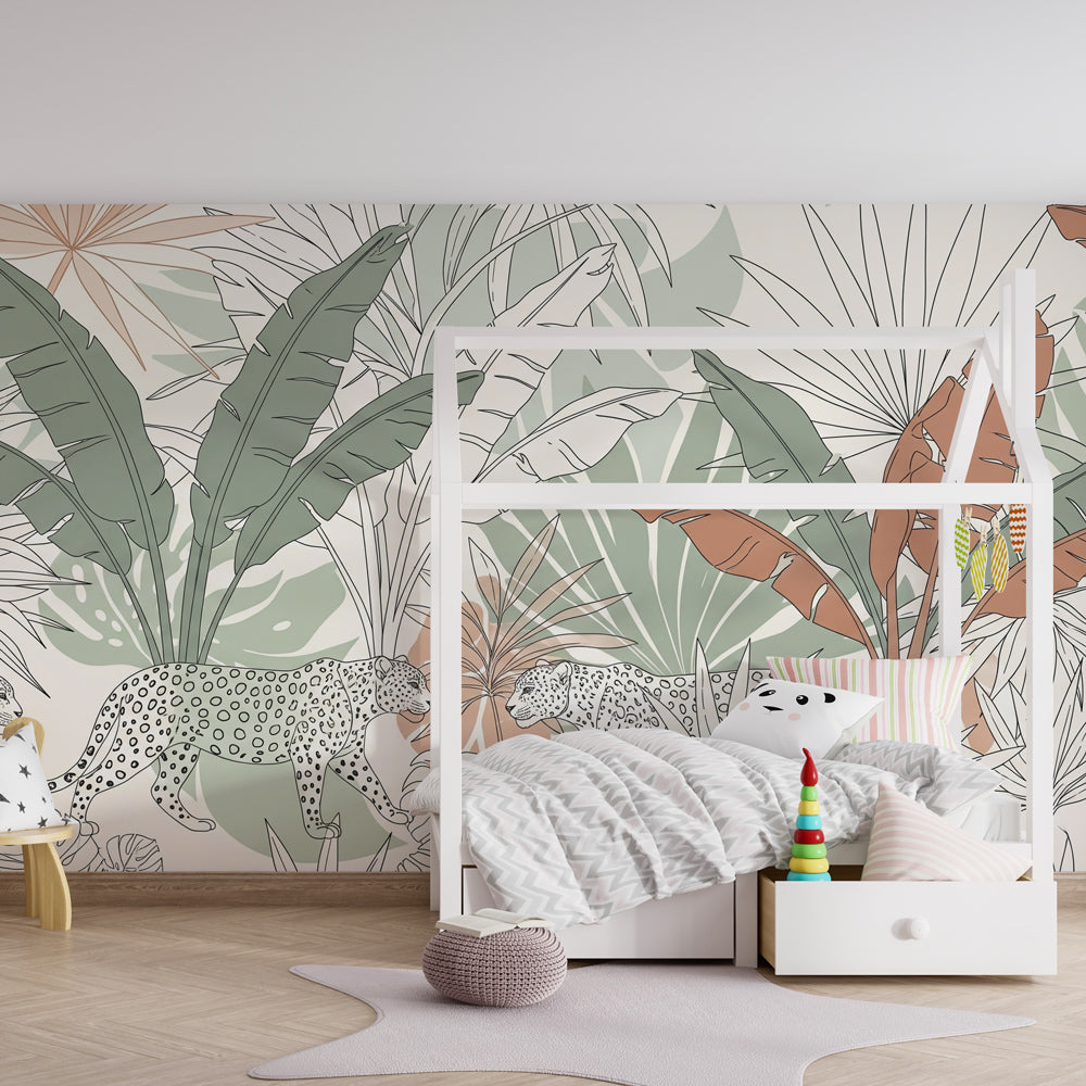 Kids playroom featuring jungle leopard mural wallpaper with tropical plants and natural color scheme
