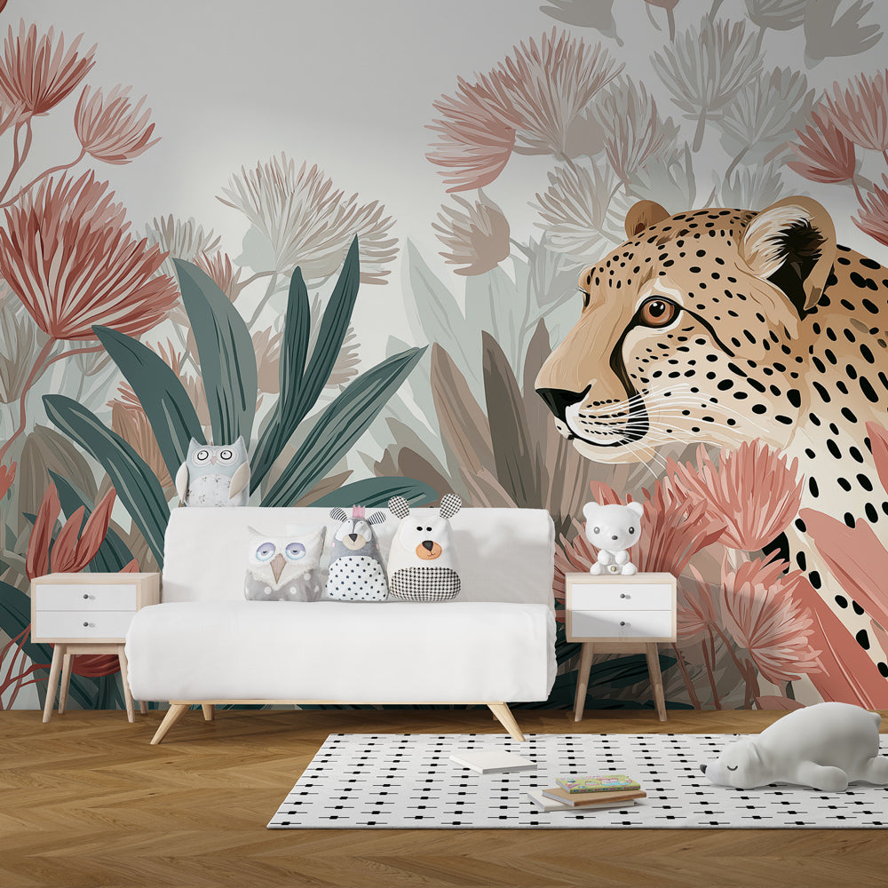 Majestic leopard wallpaper creating safari-themed kids bedroom with tropical plants decor