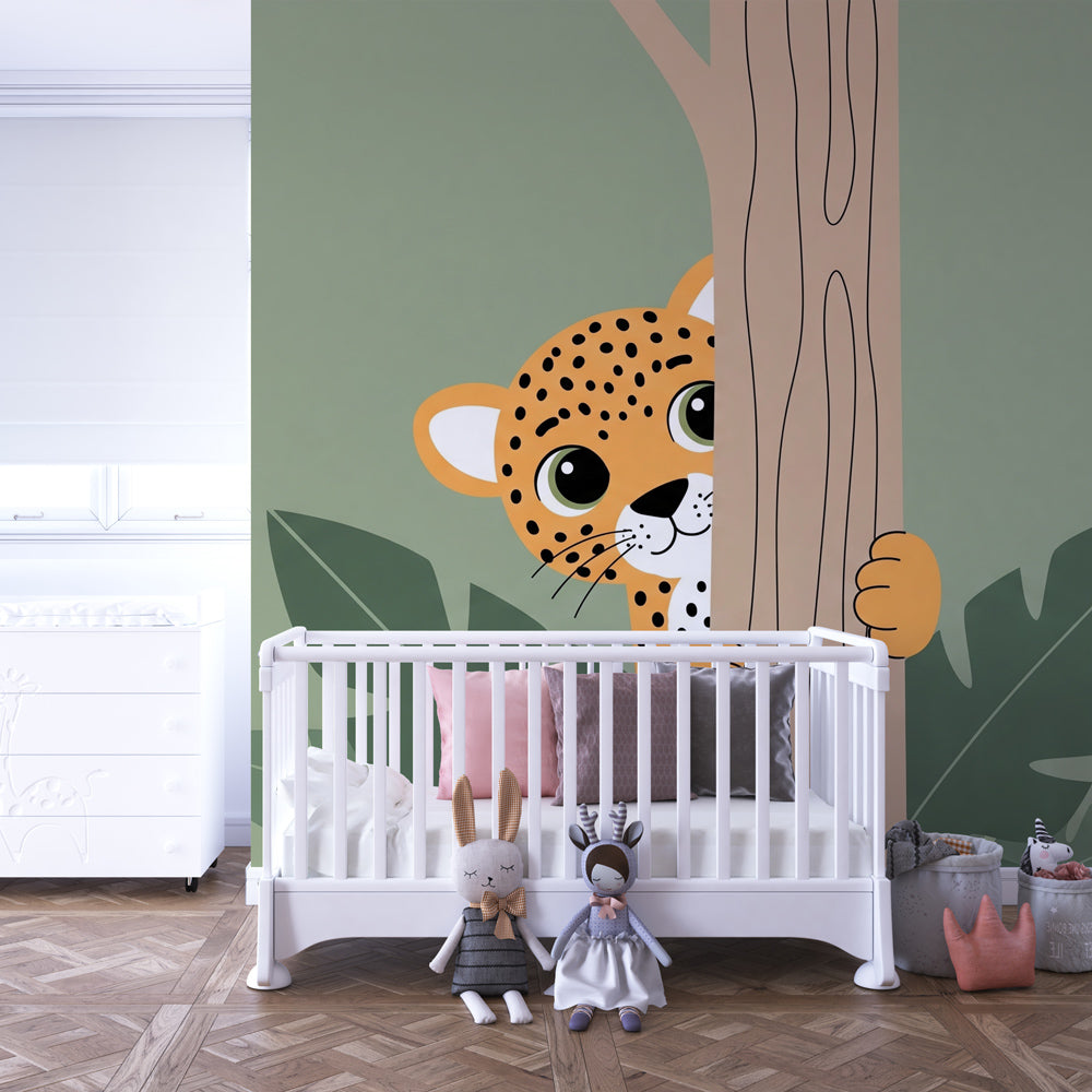 Leopard cub mural wallpaper creating magical jungle atmosphere in toddler bedroom decor