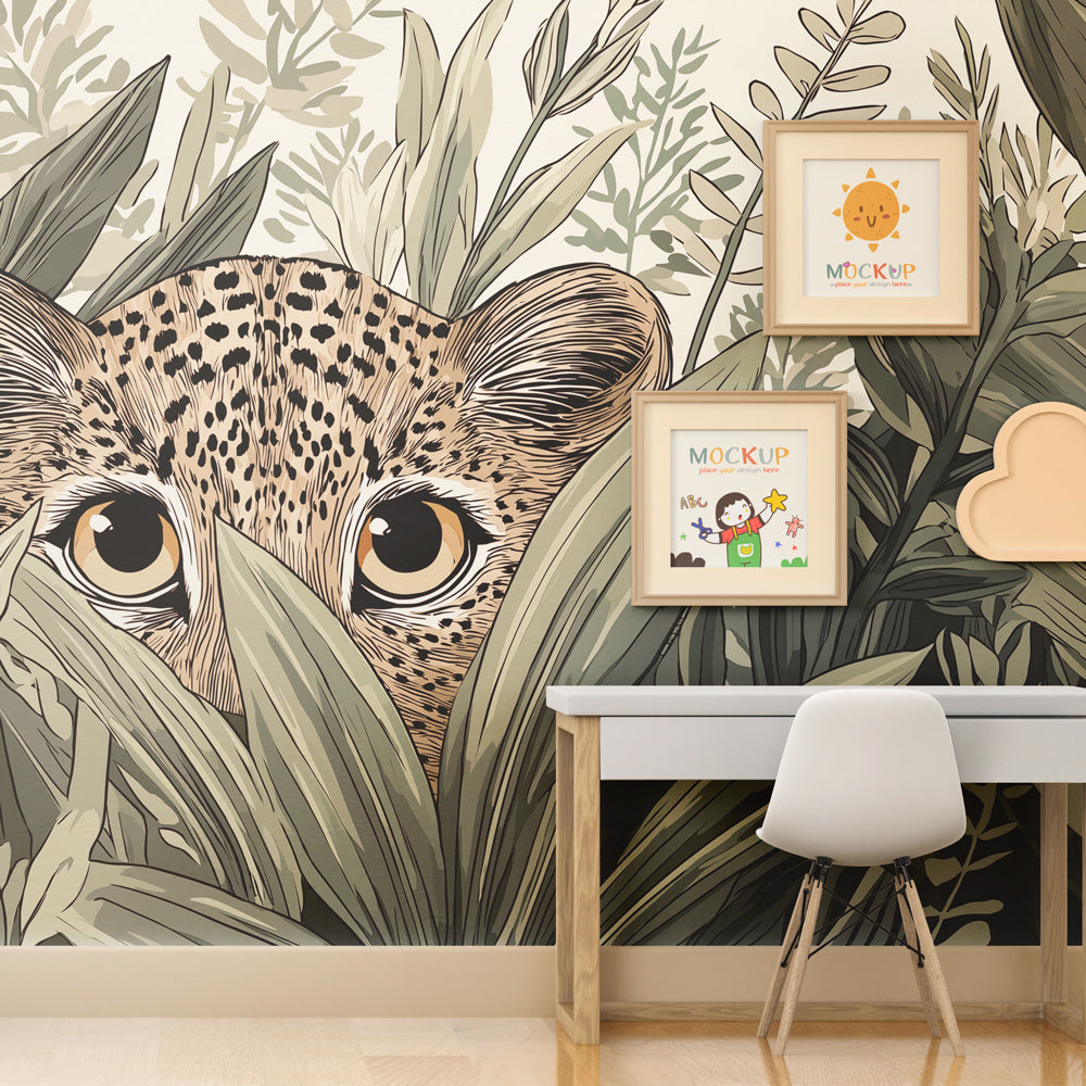 Tropical jungle leopard wallpaper with lush green foliage for kids playroom by Kids-Mundo