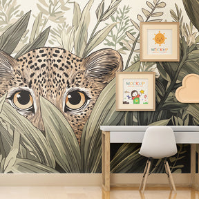 Tropical jungle leopard wallpaper with lush green foliage for kids playroom by Kids-Mundo