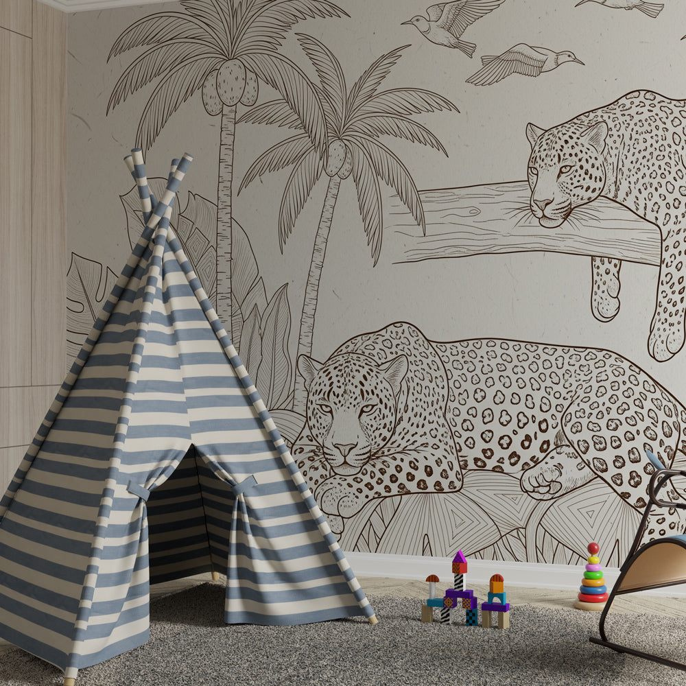 Tropical jungle mural wallpaper with leopards creating adventurous playroom decor for kids