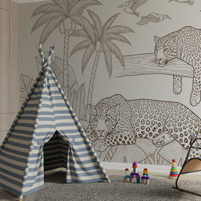 Tropical jungle mural wallpaper with leopards creating adventurous playroom decor for kids