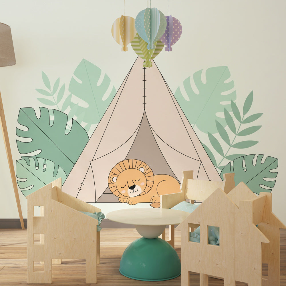 Sleeping lion and tipi wallpaper creating calming kids bedroom atmosphere