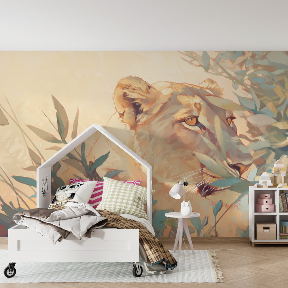 Safari lion wallpaper transforming kids bedroom with tropical jungle theme and warm earth tones