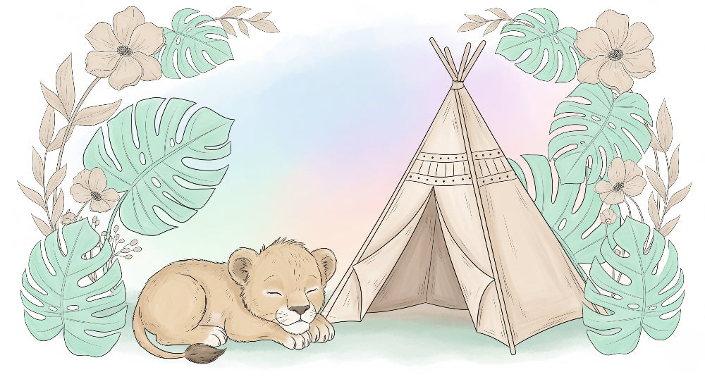 Detailed safari lion cub mural wallpaper design pattern with teepee and foliage by Kids-Mundo