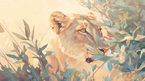 Detailed jungle lioness mural wallpaper design pattern with tropical foliage by Kids-Mundo