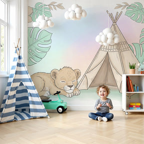 Jungle lion mural wallpaper with sleeping cub and teepee in modern nursery by Kids-Mundo