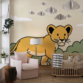 Animal mural wallpaper featuring friendly lion in bright children's playroom setting
