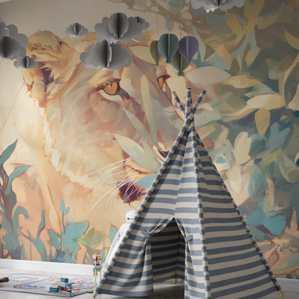 Lioness jungle mural wallpaper creating adventure-themed playroom with lush foliage design