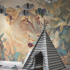 Lioness jungle mural wallpaper creating adventure-themed playroom with lush foliage design