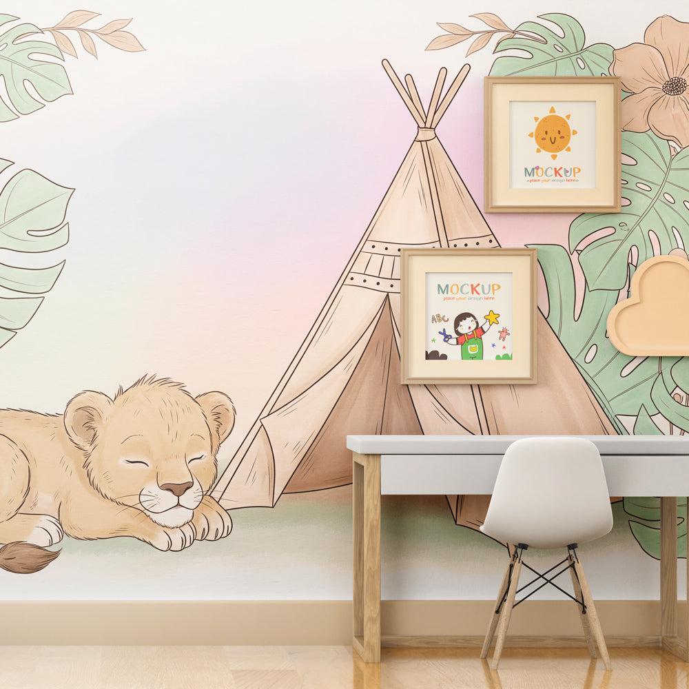 Close-up of jungle lion wallpaper with teepee and tropical plants in kids room by Kids-Mundo