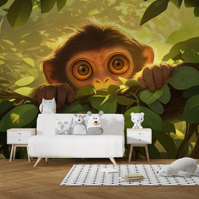Curious monkey wallpaper with lush jungle foliage transforming children's bedroom decor