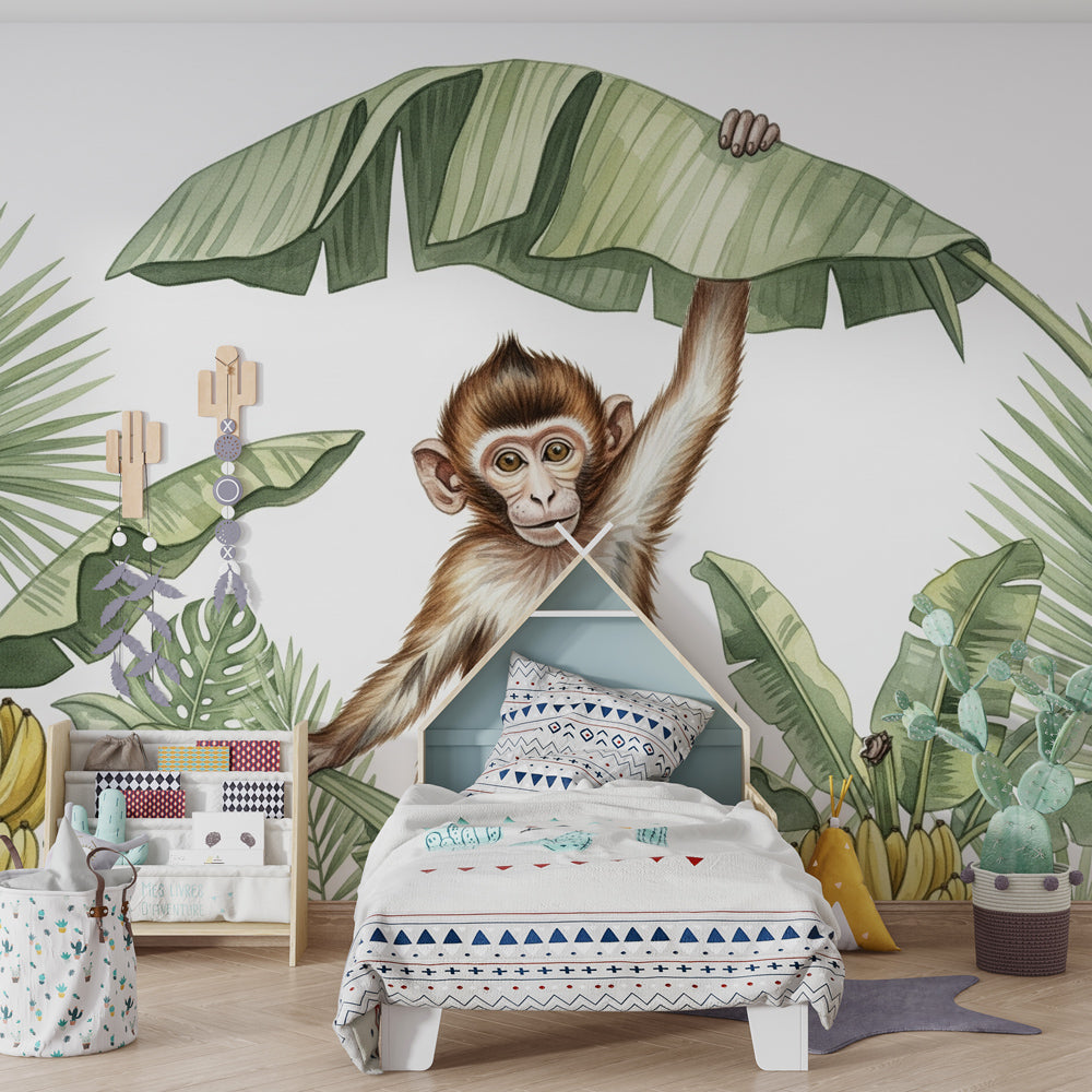 Playful monkey wallpaper creating tropical jungle atmosphere in children's bedroom decor
