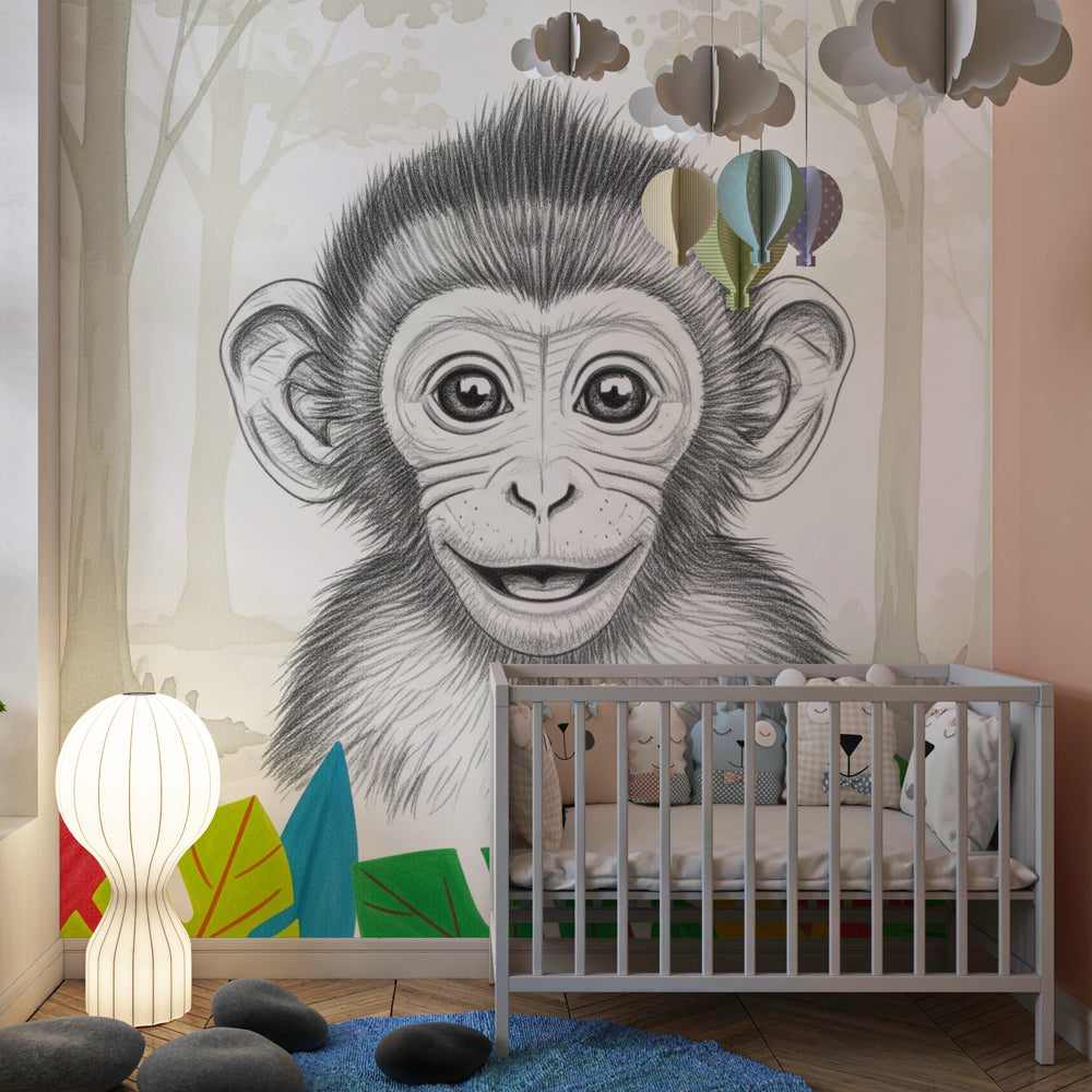 Smiling monkey wallpaper transforming kids bedroom into tropical adventure space