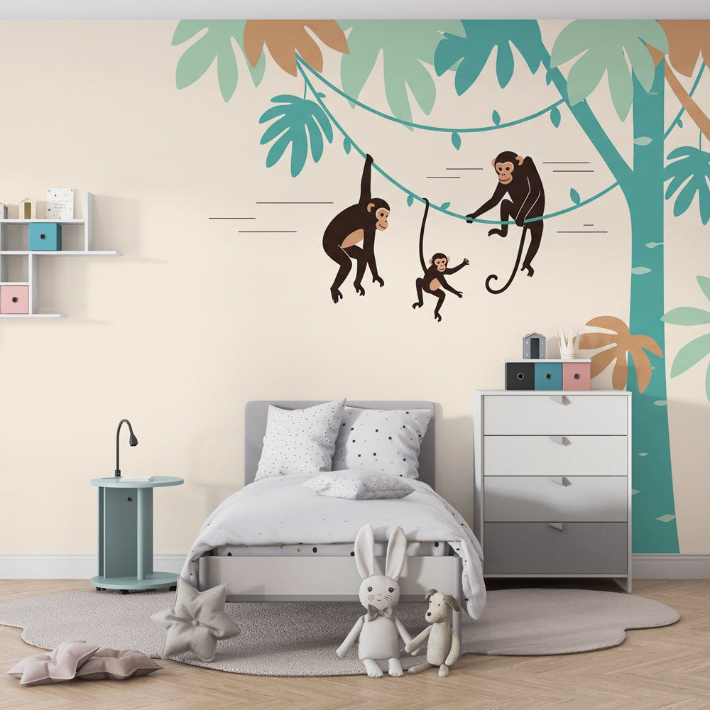 Tropical monkey wallpaper transforming children's bedroom into jungle paradise