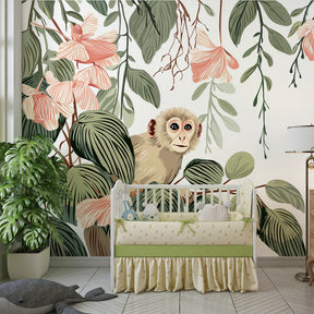 Tropical monkey wallpaper with pink flowers decorating children's bedroom wall