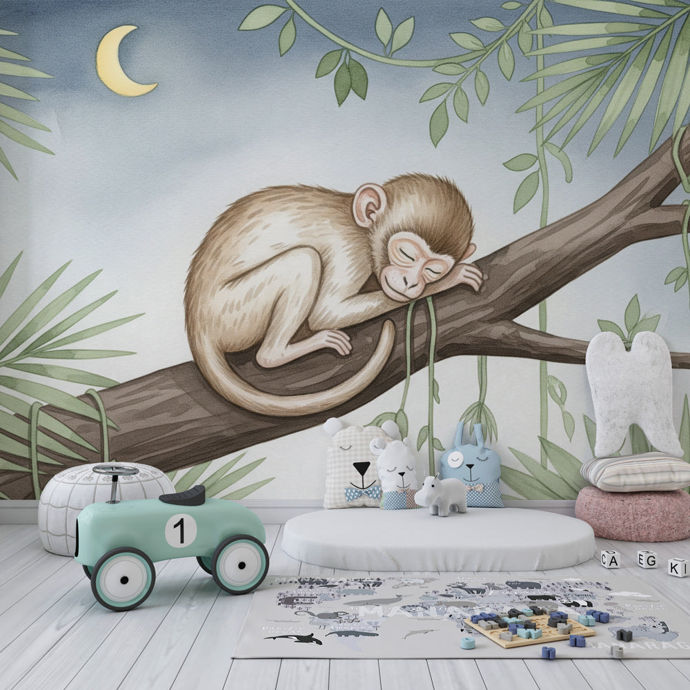 Tropical monkey wallpaper creating serene kids bedroom atmosphere with natural decor