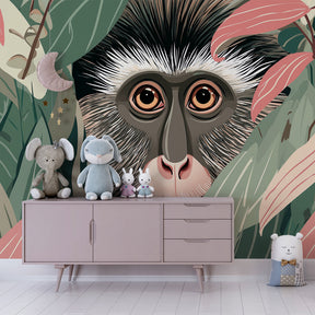 Curious monkey wallpaper with lush green foliage transforming children's bedroom into jungle adventure